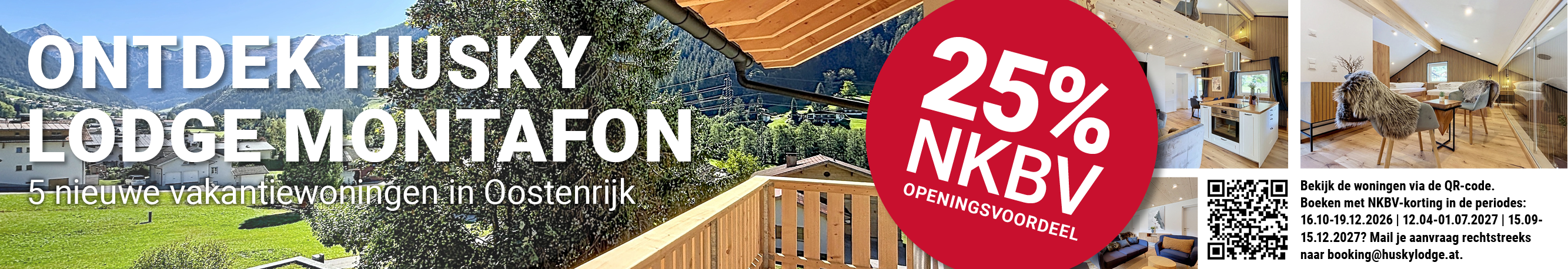Een advertentie van de Husky Lodge in Montafon met contactgegevens